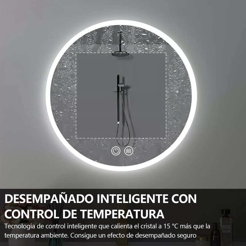 Espejo LED Redondo Touch y Función Antivaho Inteligente de 60cm