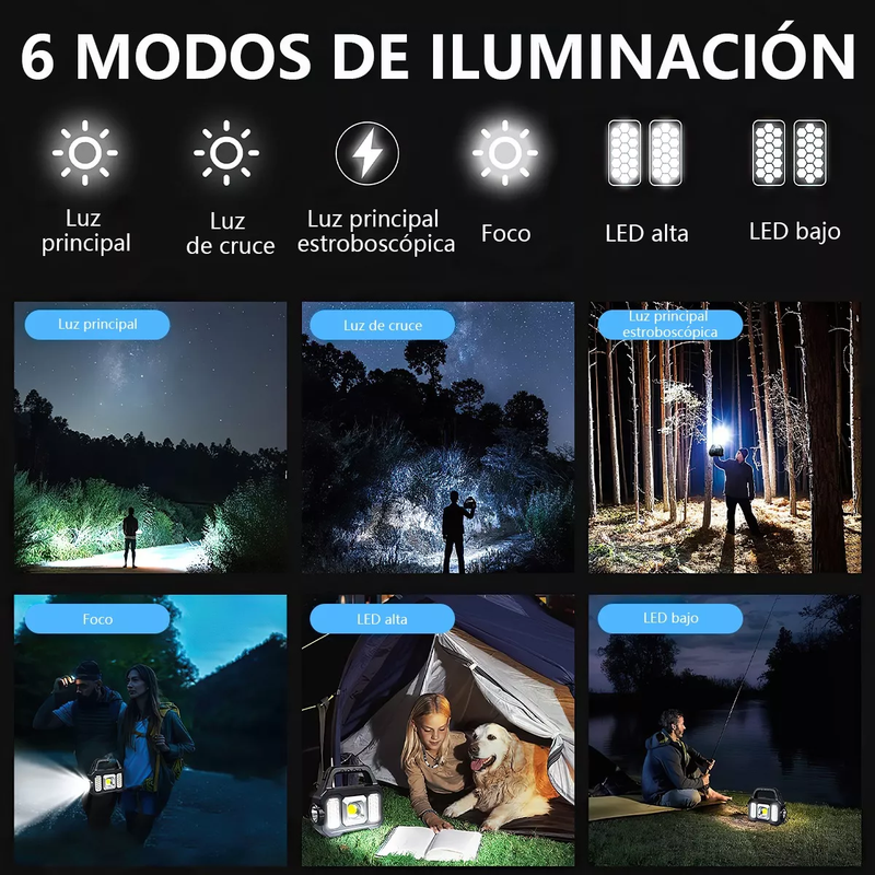 Linterna LED de Mano Portátil y Recargable con Panel Solar y USB