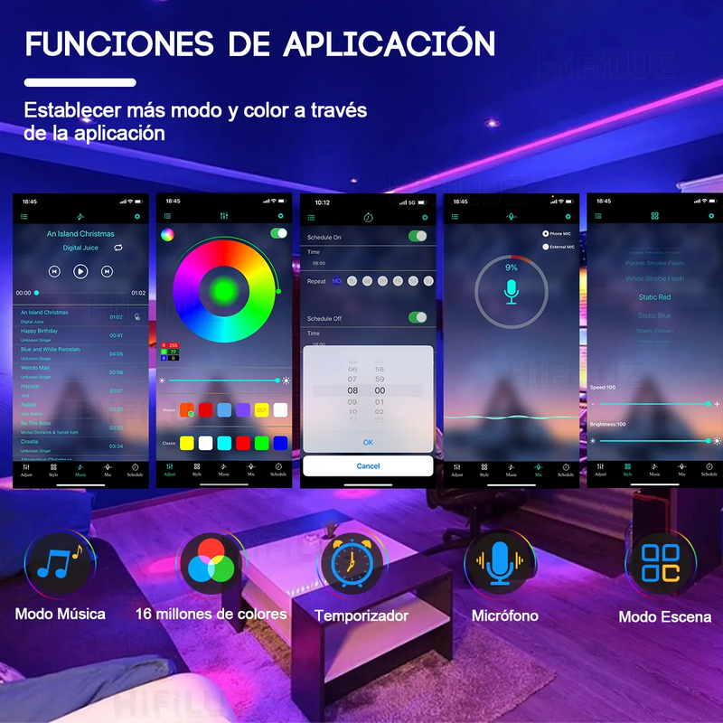 Tiras de Neon RGB Flex Hifiluz de 20mts Bluettoth Impermeables