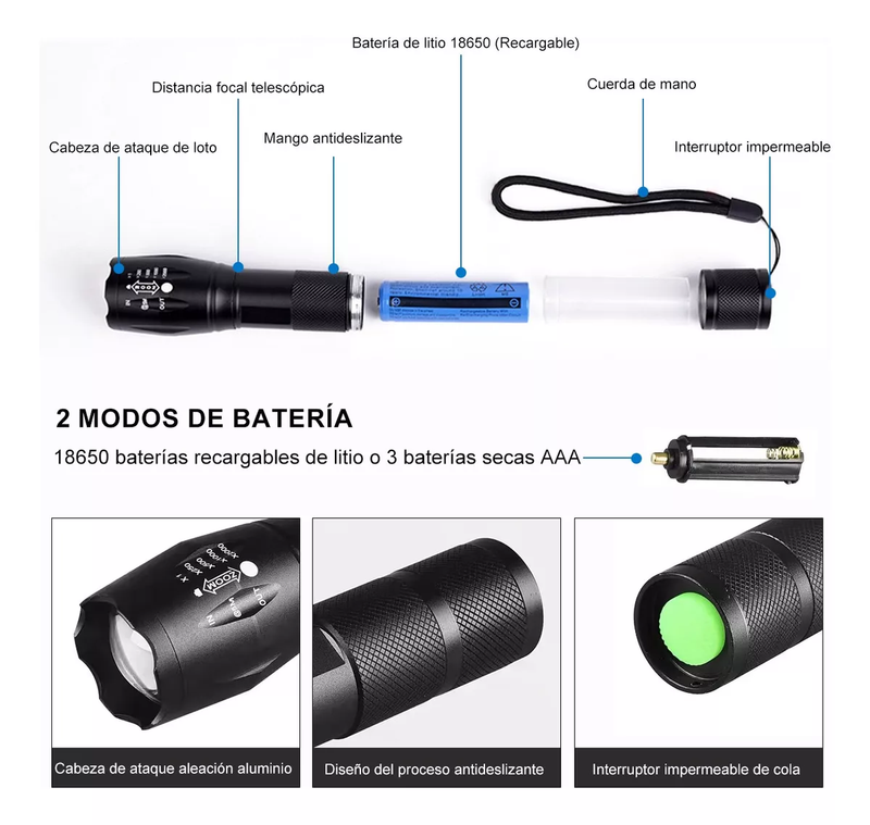 Kit de 2 Linternas LED Recargables 4000lm con 5 Modos de Luz