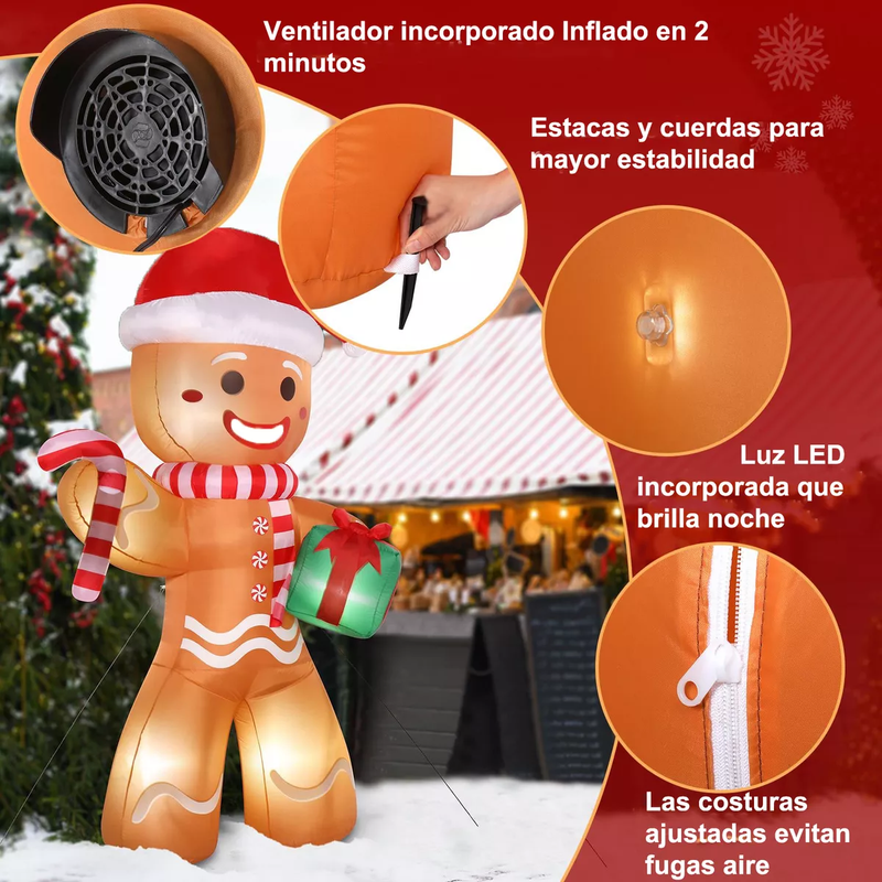 Inflable Navideño de Jengibre con Luz LED de 2.4 Metros de Altura