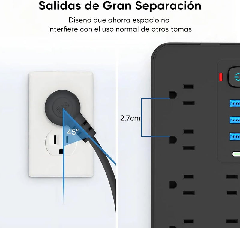 Multicontacto 12 En 1, Extensión Eléctrica con Protección contra Sobrecargas con Cable De 1.8m