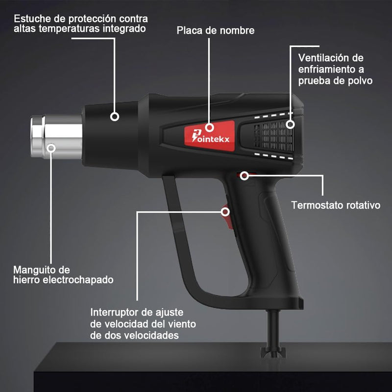 Pistola de Aire Caliente 2000W Ajustable 50-600℃, 300-500L/min