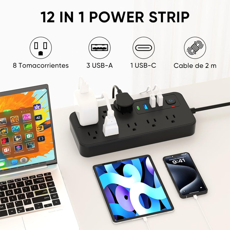 Multicontacto 12 En 1, Extensión Eléctrica con Protección contra Sobrecargas con Cable De 1.8m