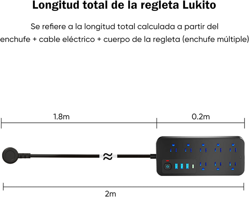 Multicontacto 12 En 1, Extensión Eléctrica con Protección contra Sobrecargas con Cable De 1.8m