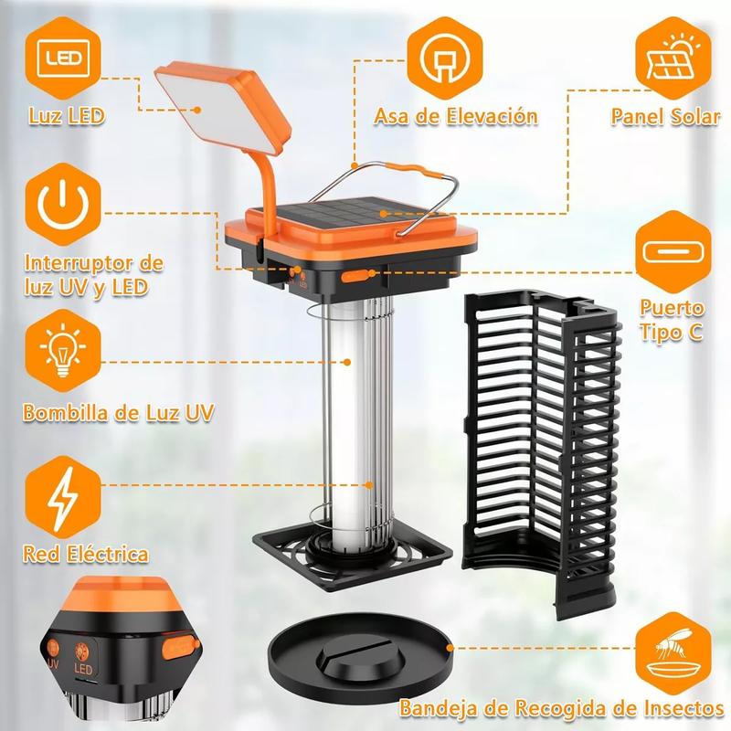 Lámpara Solar Antimosquitos con Luz Nocturna UV/LED 4000mAh