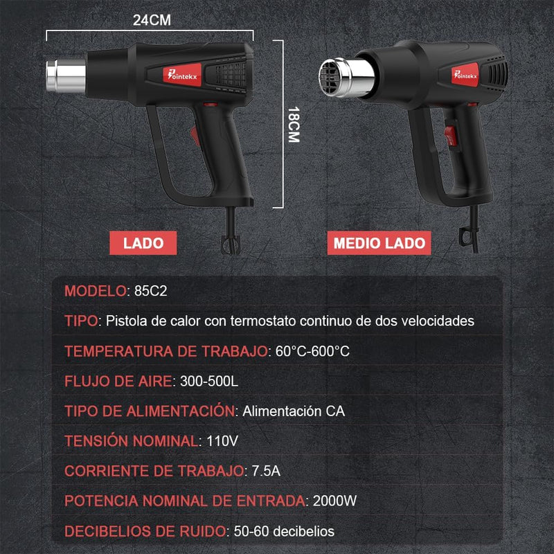 Pistola de Aire Caliente 2000W Ajustable 50-600℃, 300-500L/min