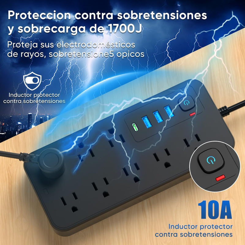 Multicontacto 12 En 1, Extensión Eléctrica con Protección contra Sobrecargas con Cable De 1.8m