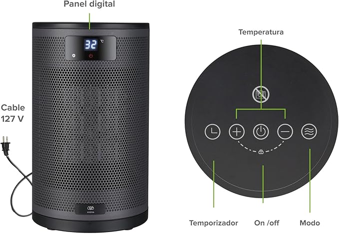 Calentador Eléctrico Portátil AVERA CAL03 con Control Remoto, Pantalla Digital y 2 Potencias