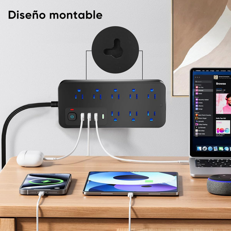 Multicontacto 12 En 1, Extensión Eléctrica con Protección contra Sobrecargas con Cable De 1.8m