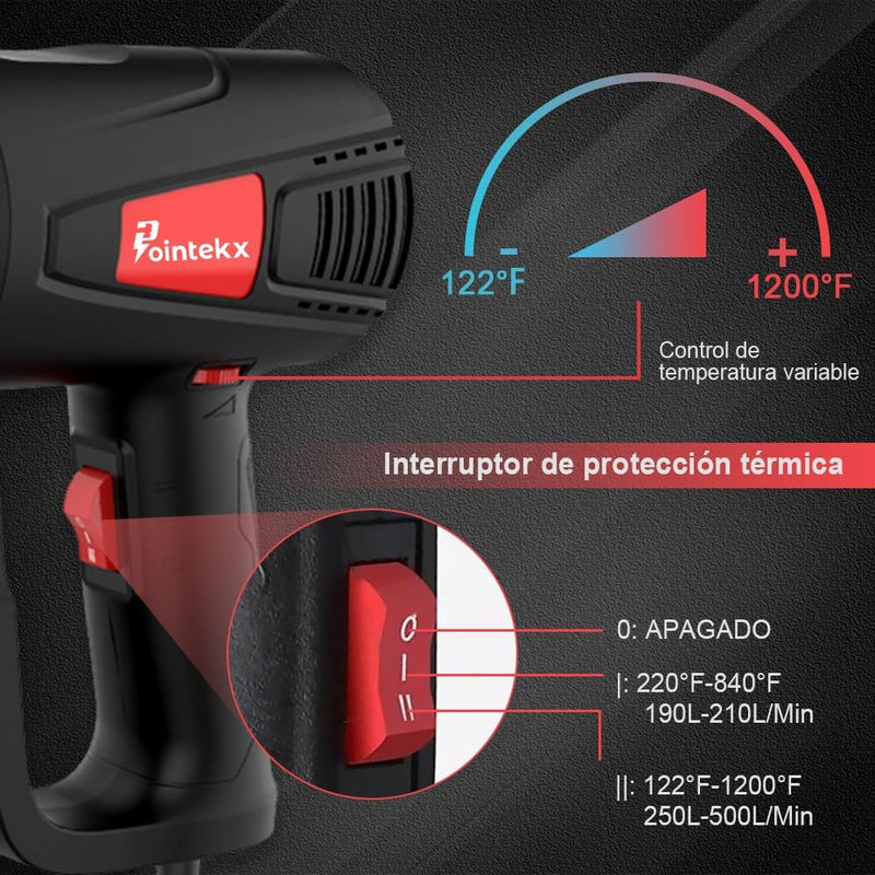 Pistola de Aire Caliente 2000W Ajustable 50-600℃, 300-500L/min