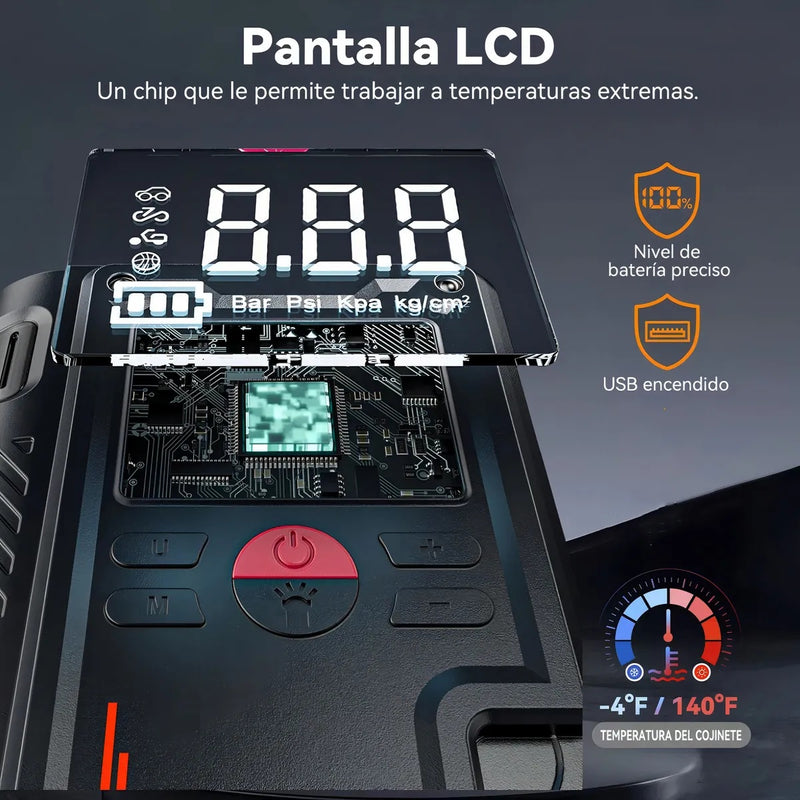 Arrancador de Batería/Compresor De Aire 12V Portátil 150PSI con Pantalla Digital