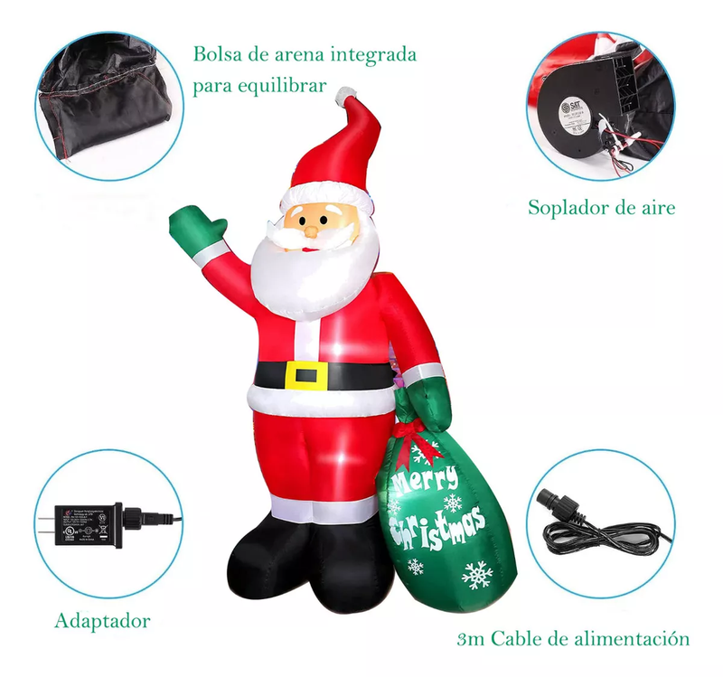 Inflable Navideño de Papá Noel de 2,4 Metros con Luz LED