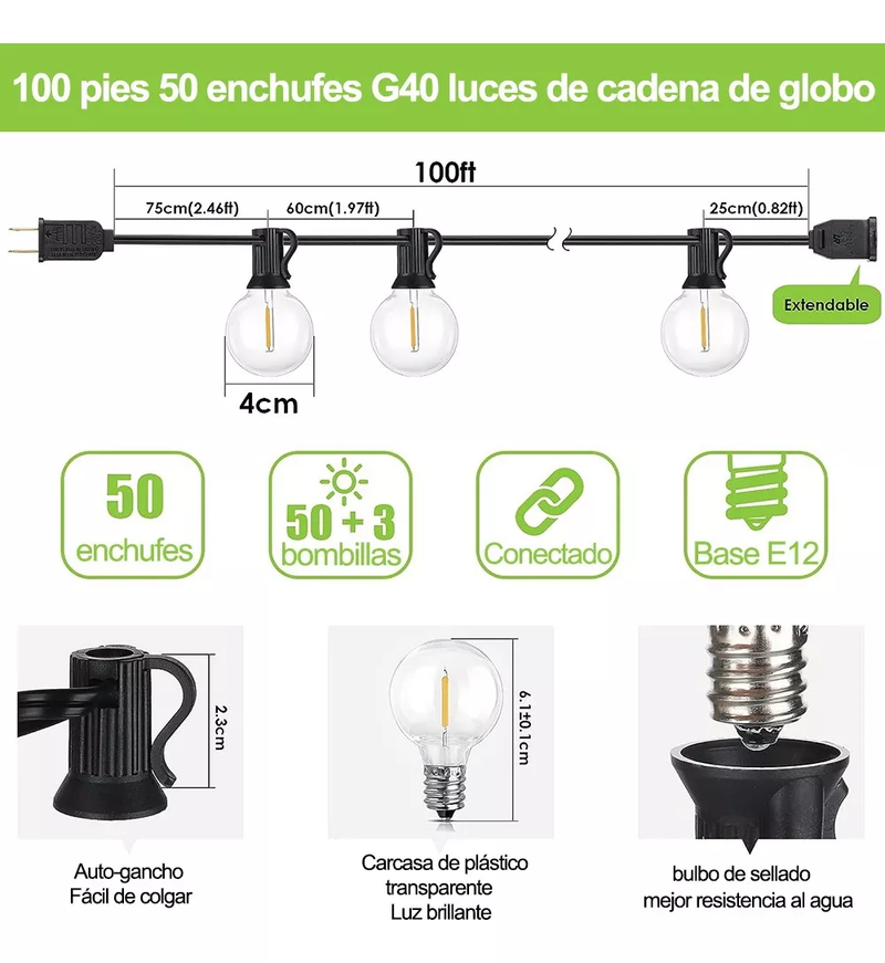 Guirnalda de Luces 50+3 Focos LED Impermeable para Exterior 30M
