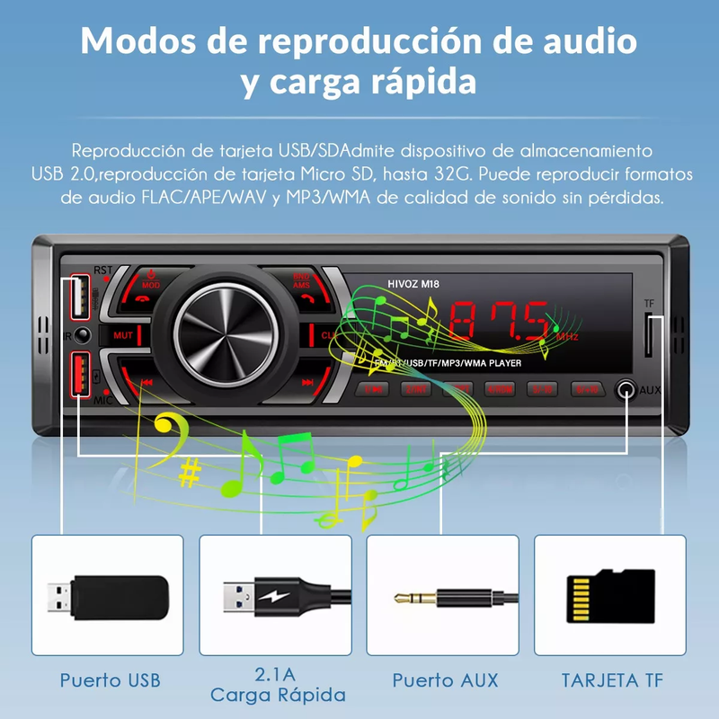 Estéreo para Coche Bluetooth Mp3 Radio Aux USB SD