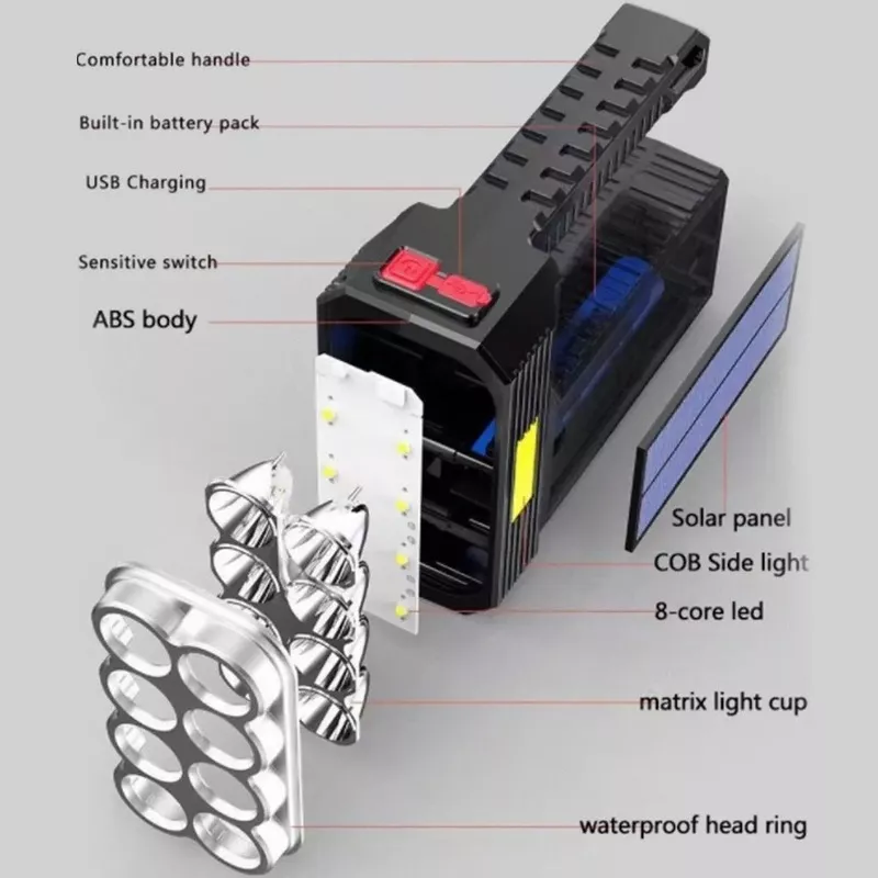 Lampara LED Táctica Solar Recargable USB Impermeable