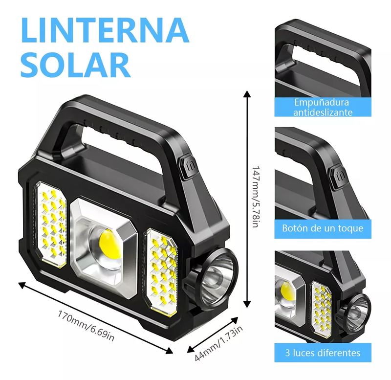 Linterna LED de Mano Portátil y Recargable con Panel Solar y USB