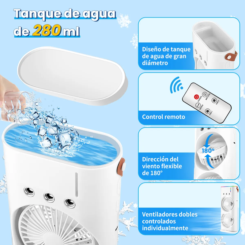 Enfriador de Aire de Escritorio LED con Doble Ventilador y 3 Niveles