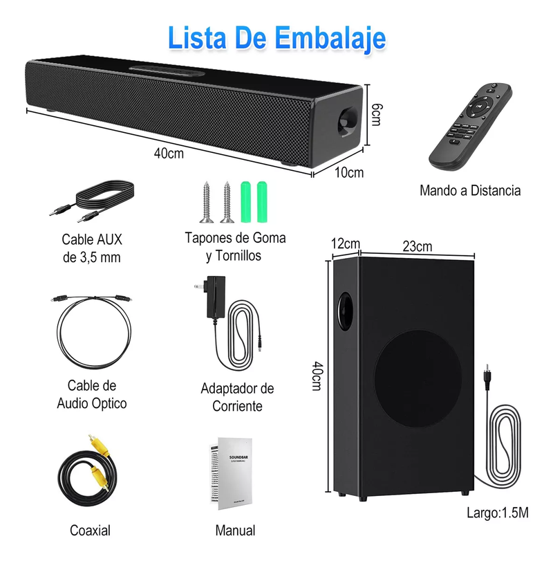 Home Theater de 80w con Barra de Sonido y Subwoofer Bluetooth 5.0