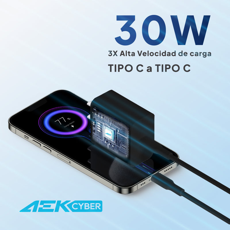 AEK CYBER Cargador rápido Tipo-C de 30W con Cable de Carga de 1M