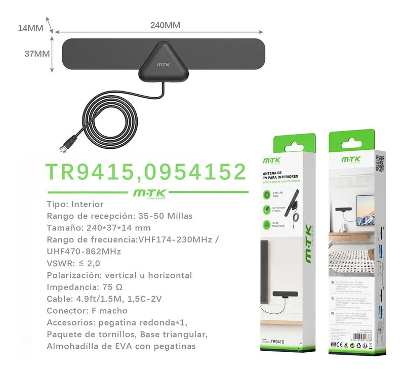 Antena TV Digital Interna con Cable de 1.5 m