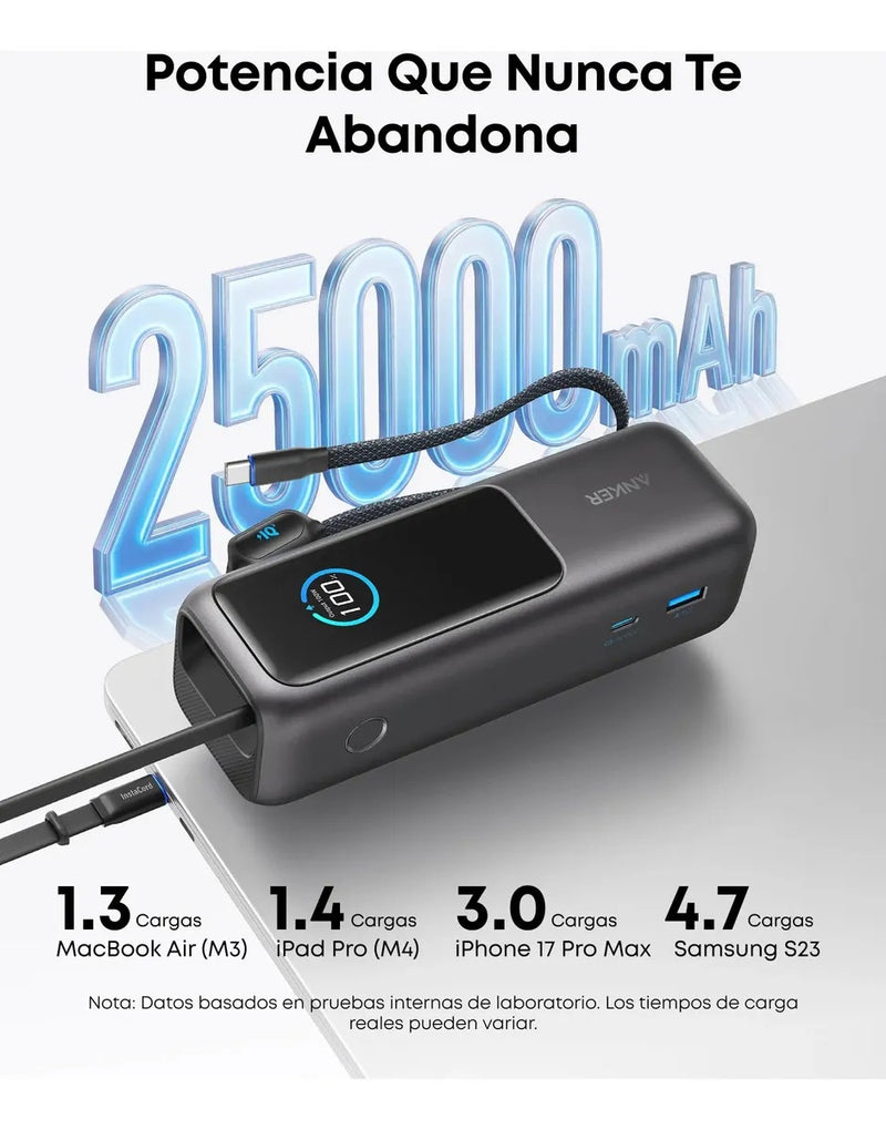 Power Bank Anker 25000mAh 100W Pantalla Smart USB‑C y Cables Retráctiles
