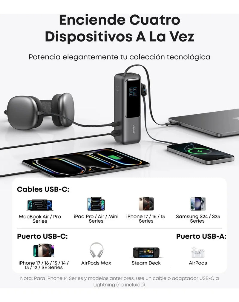 Power Bank Anker 25000mAh 100W Pantalla Smart USB‑C y Cables Retráctiles