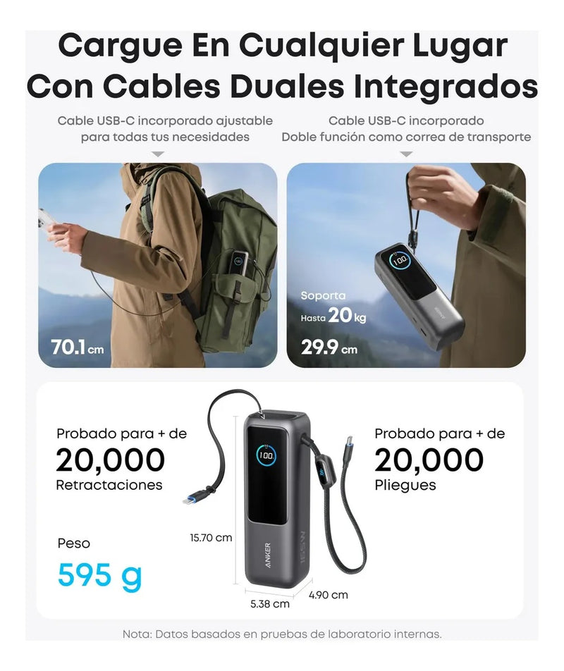 Power Bank Anker 25000mAh 100W Pantalla Smart USB‑C y Cables Retráctiles