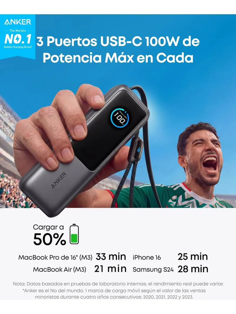 Power Bank Anker 25000mAh 100W Pantalla Smart USB‑C y Cables Retráctiles