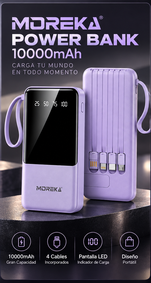 Batería Portátil Moreka, 10000mAh, Carga Rápida 5 en 1