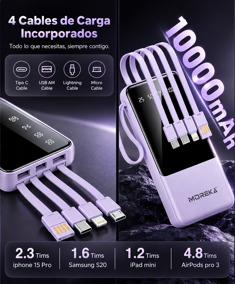 Batería Portátil Moreka, 10000mAh, Carga Rápida 5 en 1