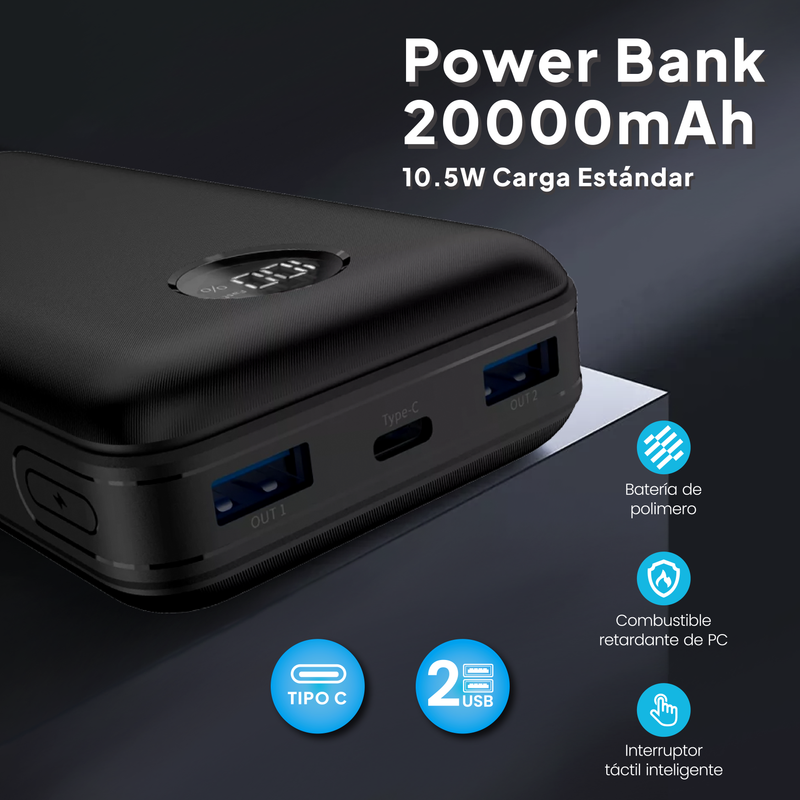 AEK CYBER Power bank de 20000 mAh 10.5W USB-A+C con Pantalla LCD