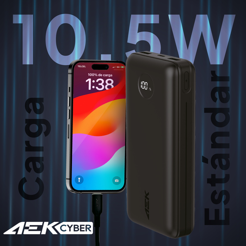 AEK CYBER Power bank de 20000 mAh 10.5W USB-A+C con Pantalla LCD