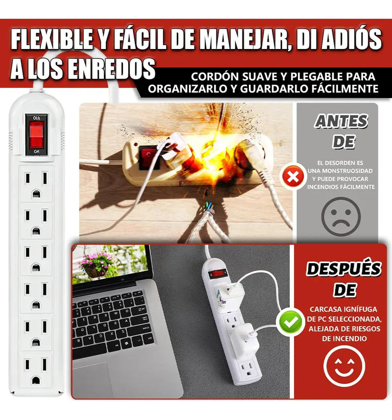 Multicontacto de 6 Tomas Con Cable de 1 m y Protección Contra Sobrecarga