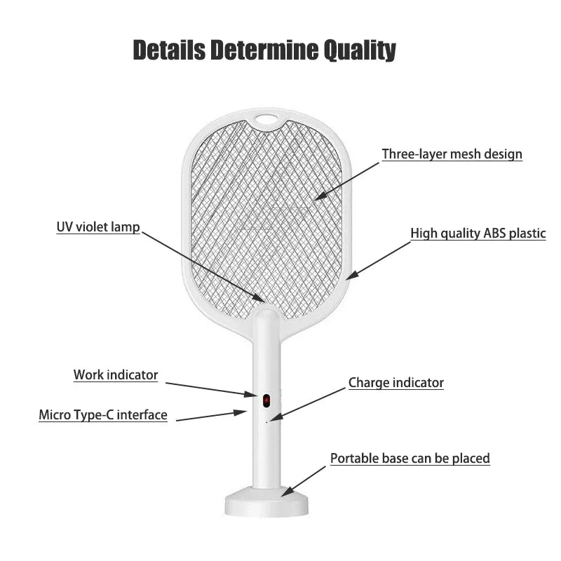 Raqueta Eléctrica Mata Mosquitos 3 en 1 de 3000V con Lámpara Antimosquitos y Carga USB Tipo C