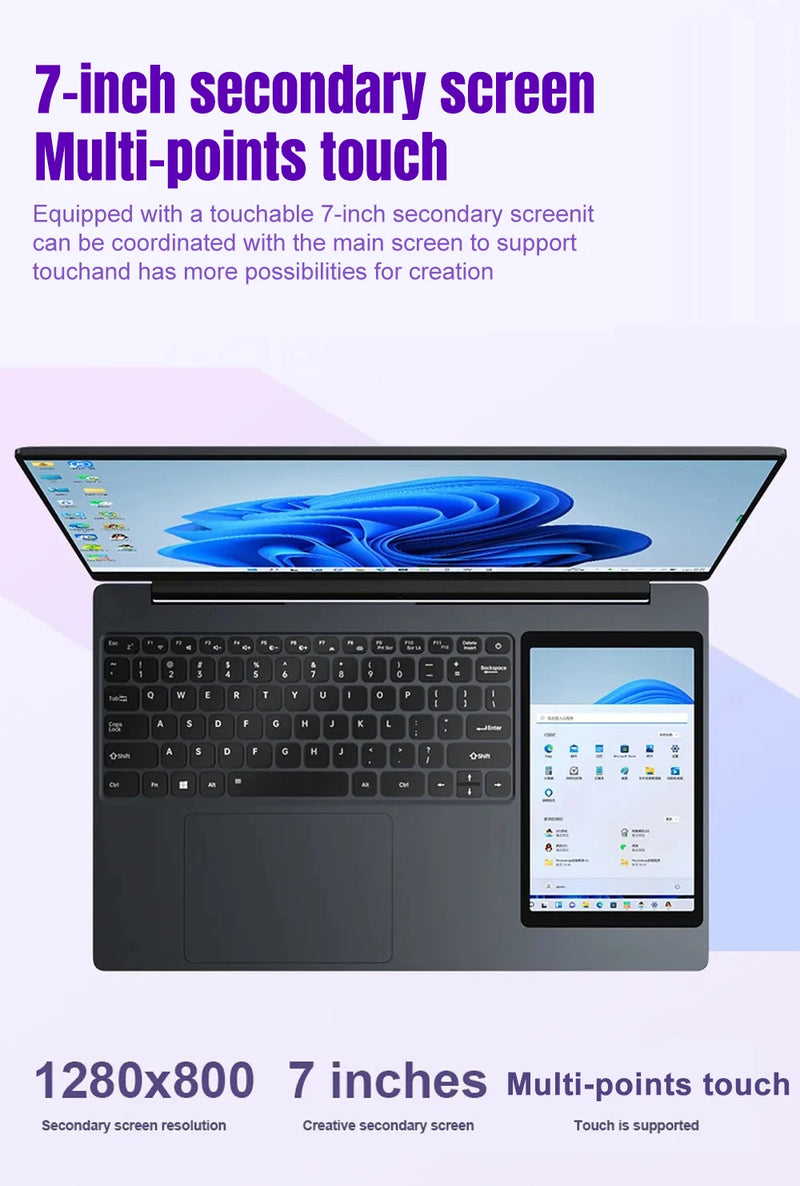 Laptop de Doble Pantalla 15.6" IPS + 7" Touch Intel N100 Windows 11