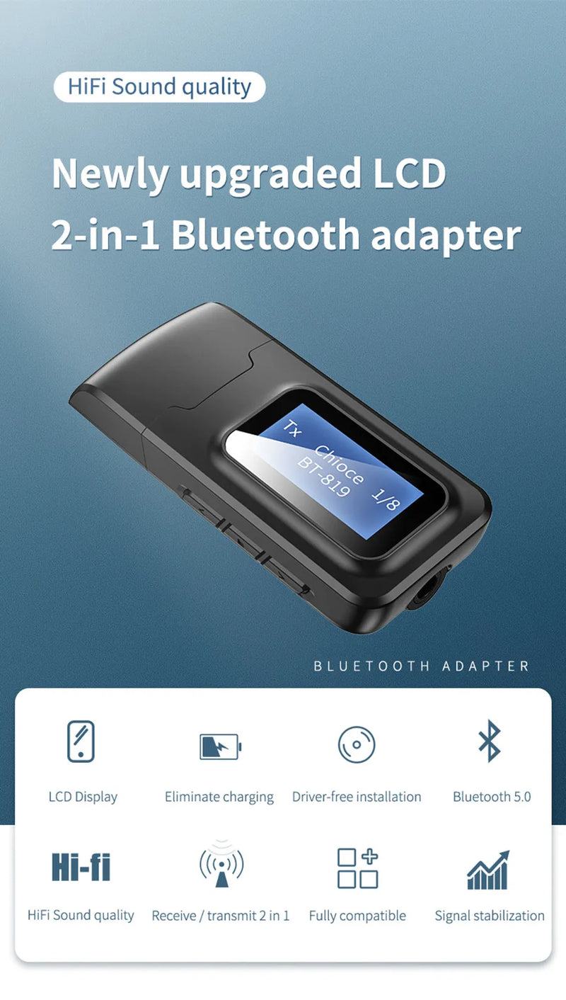 Transmisor de Audio con Bluetooth 5,0 y Pantalla LCD de 3,5 mm AUX RCA