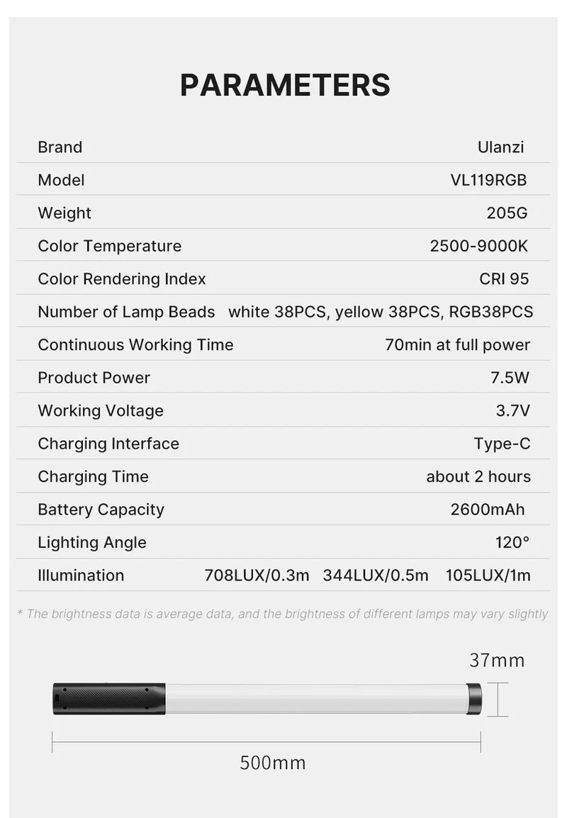 Barra de Luz LED RGB para Fotografía Ulanzi 2500K-9000K 50cm 2600 mAh