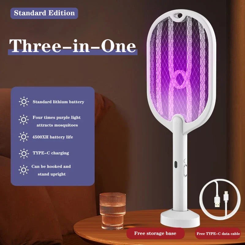 Raqueta Eléctrica Mata Mosquitos 3 en 1 de 3000V con Lámpara Antimosquitos y Carga USB Tipo C
