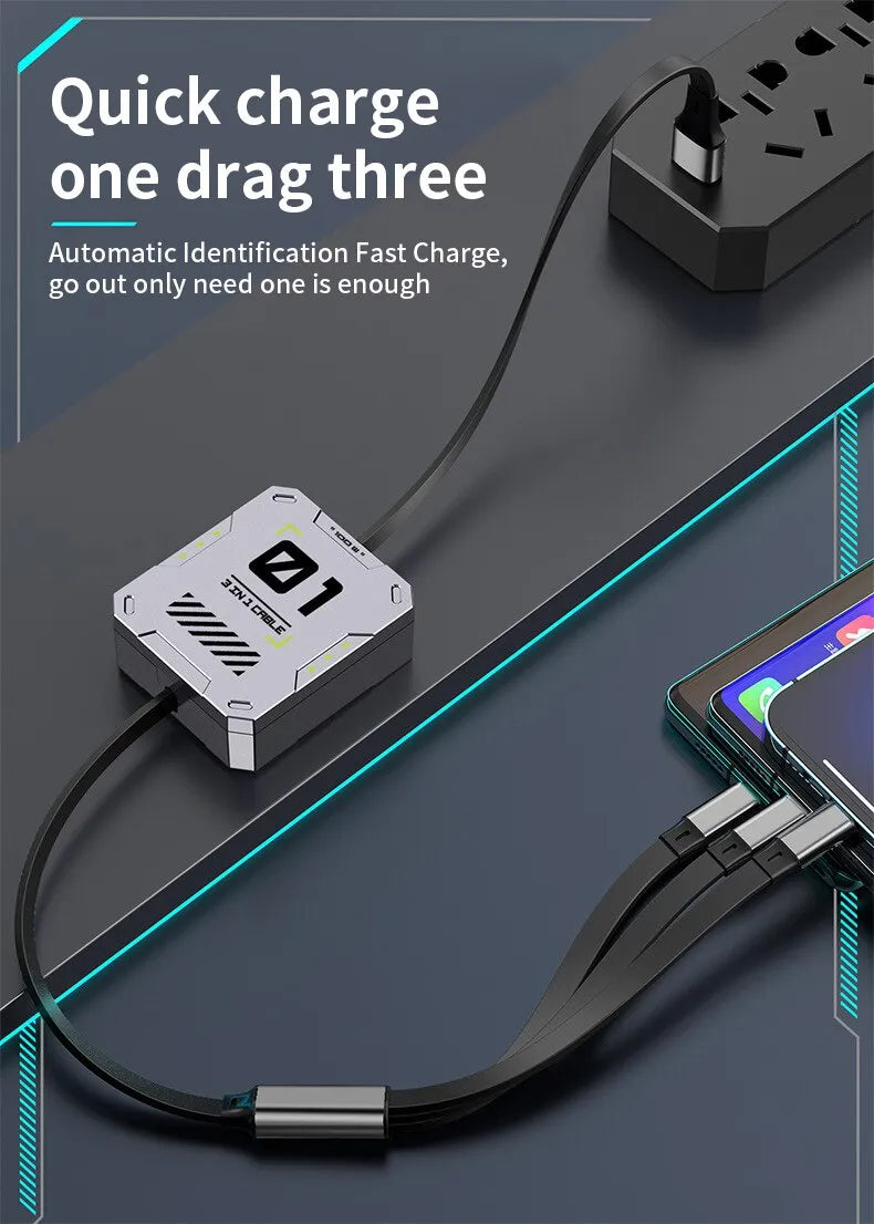 Cargador USB 3 en 1 Retráctil 60W Carga Rápida  Iphone/Android/Tipo-C