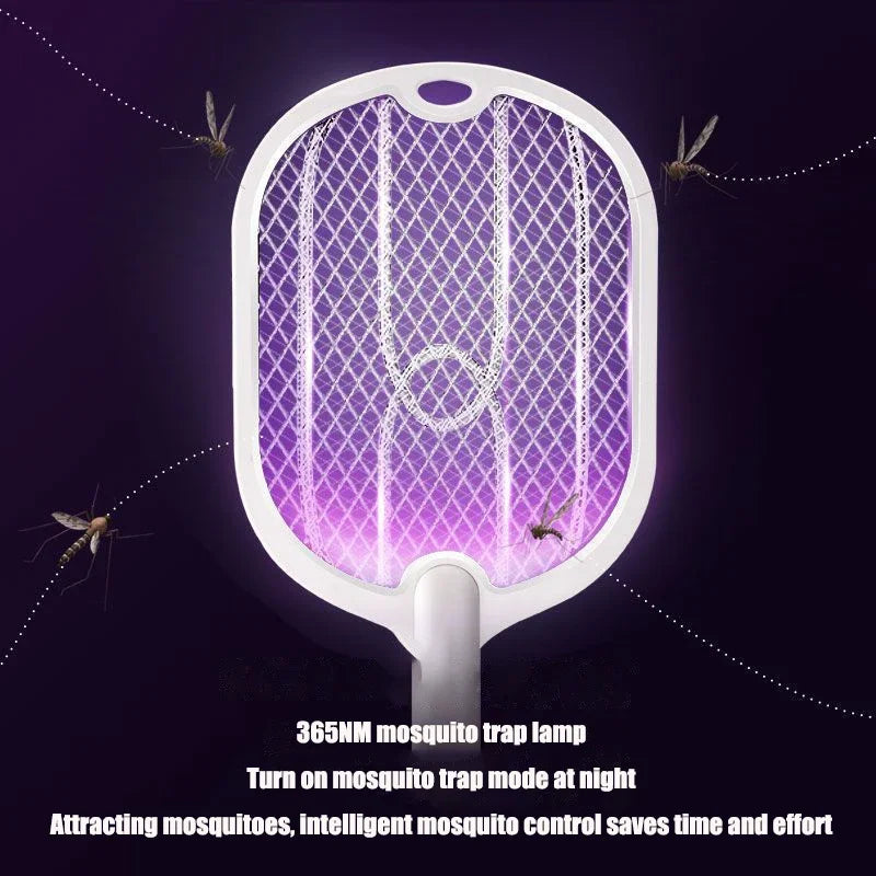 Raqueta Eléctrica Mata Mosquitos 3 en 1 de 3000V con Lámpara Antimosquitos y Carga USB Tipo C