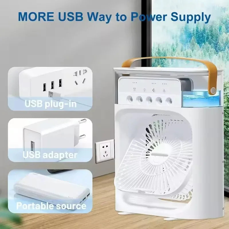 Mini Enfriador de Aire 3 en 1 Portátil con USB, Humidificador y Luz LED