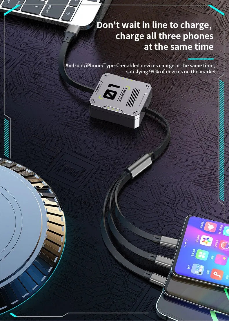 Cargador USB 3 en 1 Retráctil 60W Carga Rápida  Iphone/Android/Tipo-C