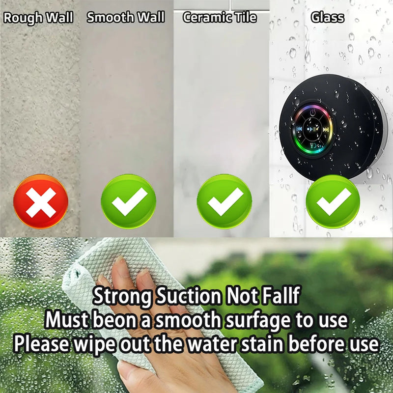 Altavoz Bluetooth Portátil IPX4 Impermeable con Luces LED y Ventosa, Sonido Estéreo para Baño y Exterior