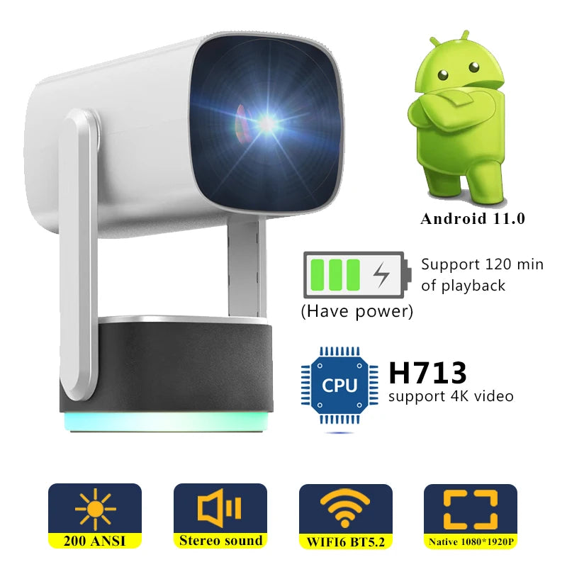 Proyector LED Portátil K2 con Android 11 Wi-Fi 6 BT 5.2 200ANSI – WinnerBe