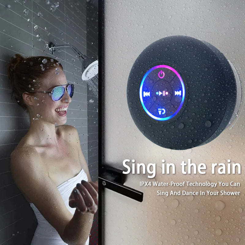 Altavoz Bluetooth Portátil IPX4 Impermeable con Luces LED y Ventosa, Sonido Estéreo para Baño y Exterior
