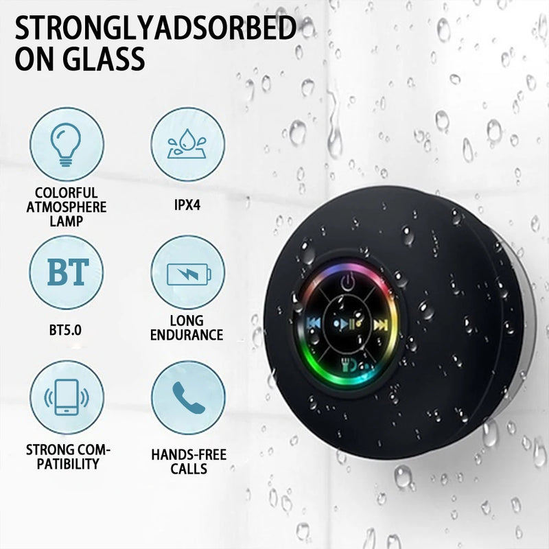 Altavoz Bluetooth Portátil IPX4 Impermeable con Luces LED y Ventosa, Sonido Estéreo para Baño y Exterior