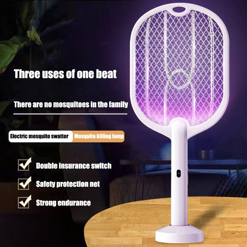 Raqueta Eléctrica Mata Mosquitos 3 en 1 de 3000V con Lámpara Antimosquitos y Carga USB Tipo C