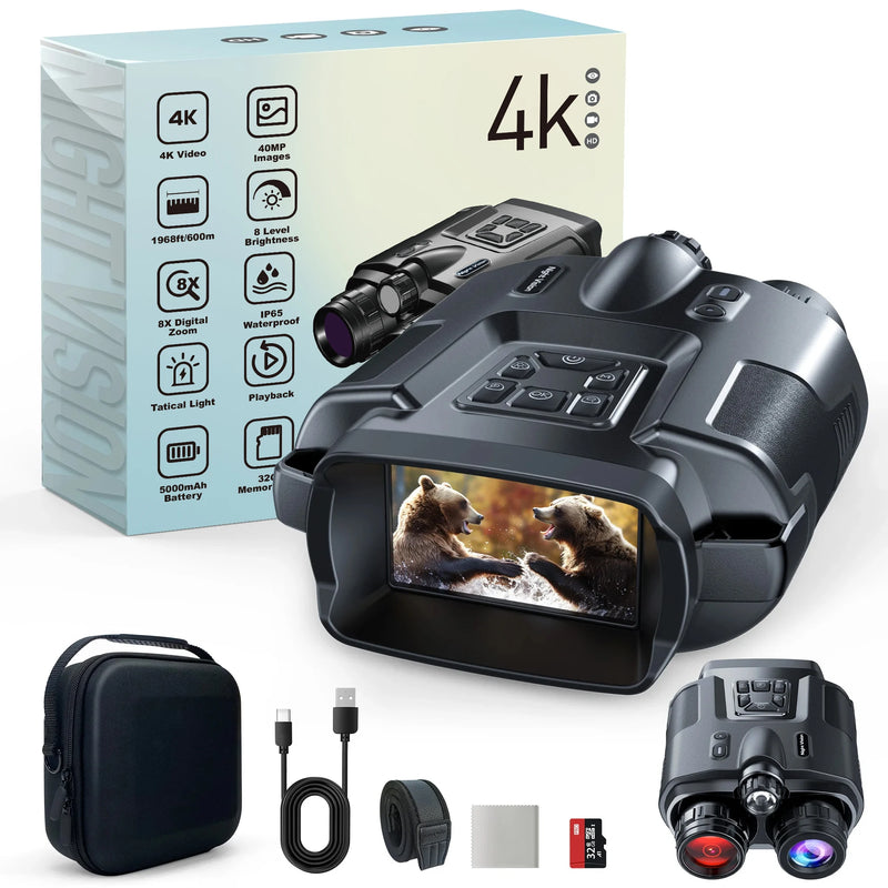 Binoculares 4K con Pantalla de 3" Visión Nocturna 32GB 5000mAh IP65