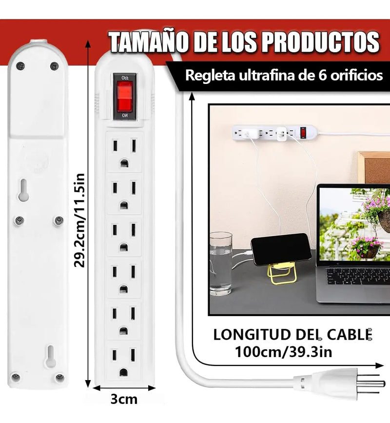 Multicontacto de 6 Tomas Con Cable de 1 m y Protección Contra Sobrecarga